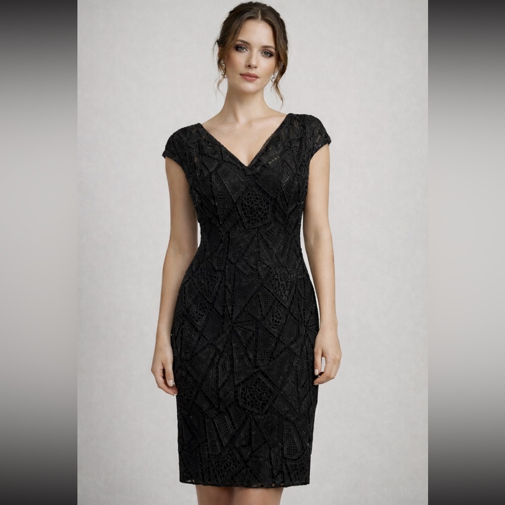 Aidan Mattox Black cap sleeve Geometric Lace Midi Dress